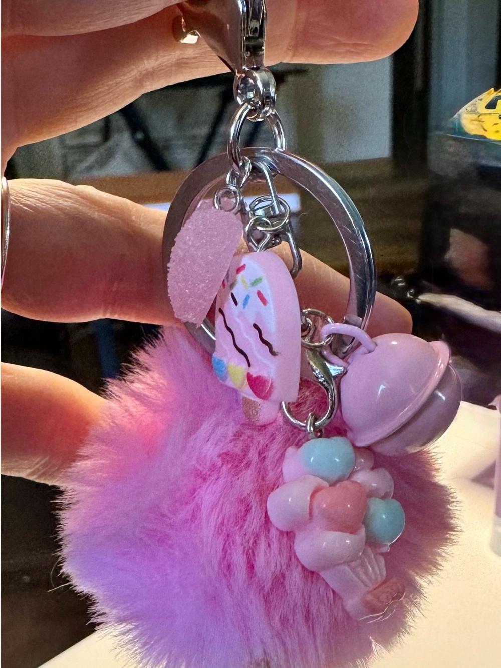 Pink Pom Pom Keychain with Sweet Charm Accents